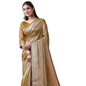 Sari en soie pour femme avec bordure en jacquard et pallu doré brillant pour femme - Product Image 1