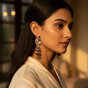 Boucles d'oreilles pendantes vintage en or 18 carats et perles d'eau douce avec améthyste et cristal pour femmes - Product Image 1