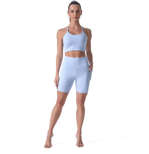 Short motard bleu clair pour femme avec poches | Short d'entraînement de yoga taille haute - Product Image 3