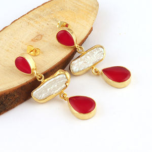 Pendientes colgantes de perla natural y onyx rojo para mujer, joyería de moda, regalo - Product Image 2