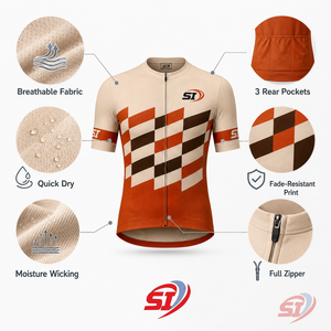 Maillot de cyclisme personnalisé à manches courtes et fermeture éclair intégrale, séchage rapide, pour vélo de route, motif quadrillé Tangerine Sand Espresso - Product Image 3