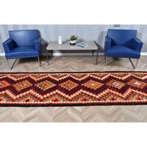 Kilim Rug, 3.2x11.3 ft Vintage Rug, <b>Red</b> Ikat Rug <b>Wool</b> - Product Image 3