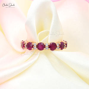 Envío Hoy, Anillo Apilable de Oro Rosa Real de 14k con Diamantes, Anillo de Boda con Gema de Rubí de Corte Redondo de 4mm, Piedra de Nacimiento de Julio, Joyería para Mujer - Product Image 3