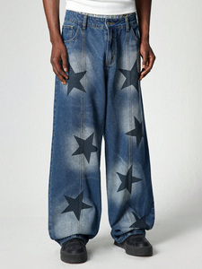 Salopette droite taille haute et jambe large pour hommes, personnalisée, délavé à la lumière, jean moyen grande taille brodé d'étoiles style Hip Hop - Product Image 3