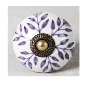 手工圆形紫色和白色叶状图案陶瓷旋钮衣柜梳妆台抽屉家用厨房门把手