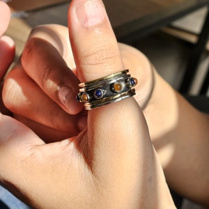 Oxidized <b>Silver</b> Brass <b>Spinner</b> <b>Ring</b> with Lapis and Carnelian for Weddings Parties and Anniversaries - Product Image 3