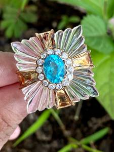 Paraiba สีน้ำเงิน apatite และแหวนควอตซ์คริสตัลสีเหลืองทอง18K ชุบ925สเตอร์ลิงเงินกับแตงโมแกะสลักควอตซ์ - Product Image 6
