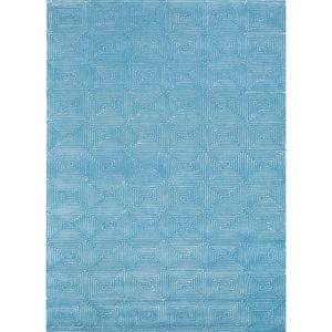 Blue Geometric Pattern <b>Hand</b> <b>Tufted</b> Wool & Viscose <b>Rug</b> for Home Entryway Hallway & Living Room 9x12 Rectangle Size 10mm Thickness - Product Image 1