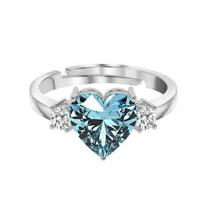 NOVAMART Fine Sky Blue Heart <b>Ring</b> for Women Girls-925 Sterling <b>Silver</b> Rhodium Plated <b>Adjustable</b> Band Swiss Zirconia Inlay Techno - Product Image 1