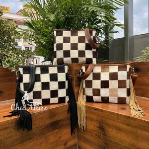 Popular diseño único a cuadros cuero de vaca gran capacidad bolso con flecos Vintage bolso cruzado de cuero genuino para mujer - Product Image 1