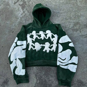 เสื้อฮู้ดกราฟิกแบบกำหนดเองคุณภาพสูงผ้าคอตตอนพิมพ์ลายหน้าจอการเย็บปะติดปะต่อกันดีไซน์หนักปักไหล่ตกสไตล์บ็อกซี่สไตล์วินเทจ - Product Image 3