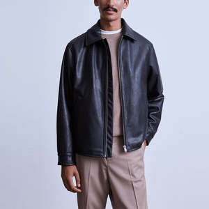 Chaqueta de Cuero Negra para Hombre, Estilo Bomber, al por Mayor, de Alta Calidad, Lisa, Resistente al Viento, con Cierre Completo, Personalizable OEM - Product Image 2