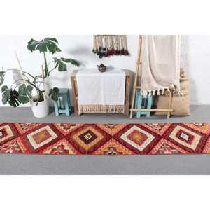 Turkish Rug, 2x11.7 ft <b>Runner</b> Rug, <b>Red</b> Floral Wool Vintage Rug - Product Image 3