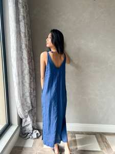 Personnalisé été décontracté femmes robe mi-longue 100% lin solide tissage ample tissé Spaghetti sangle doux numérique imprimé lavable - Product Image 4