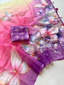 Sari de Lino para Uso Diario Femenino con Borde Dorado, Hermoso Sari Informal Tradicional Hecho en India - Product Image 3