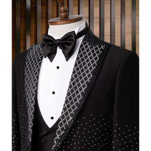 Costume de mariage élégant pour homme en 80 % laine, coupe ajustée, orné de strass, pour événements formels, avec braguette spéciale en laine peignée - Product Image 2