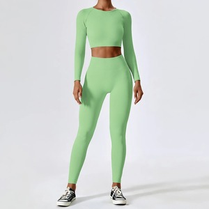 Tessuto di bambù Activewear allenamento Yoga Set abbigliamento sportivo da donna abbigliamento da palestra Fitness manica lunga <span class=keywords><strong>Leggings</strong></span> tute sportive