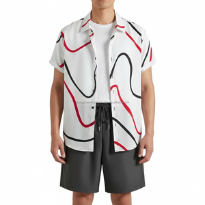 ชุดเซ็ตเสื้อผ้าผู้ชายพิมพ์ลายตามสั่ง OEM - ลายคลื่นสีขาว แดง ดำ ชุดฤดูร้อน 2 ชิ้น - Product Image 3