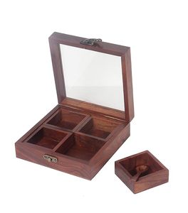 Meilleur organisateur d'épices avec quatre bocaux Couvercle et cuillère en verre élégants Dabba de stockage de cuisine pour assaisonnements et condiments - Product Image 5