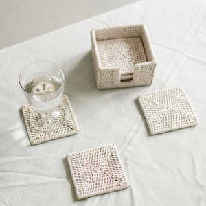 TienPhong Vietnam Wholesale Rattan Square Coasters with Holder (Set of 6) - Handwoven Dining Table Decor - Product Image 2
