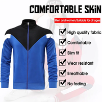 Ensemble de survêtement pour homme en polyester bleu, noir et blanc à chevrons, veste zippée et pantalon, tenue de sport athlétique, vêtements d'entraînement, fabricant