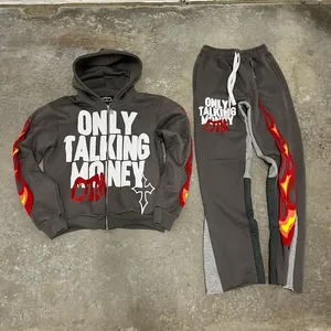 500 gsm hommes streetwear français éponge évasé pantalons de survêtement et sweat à capuche ensemble personnalisé 100% coton bouffée impression sweat à capuche ensembles survêtements - Product Image 6