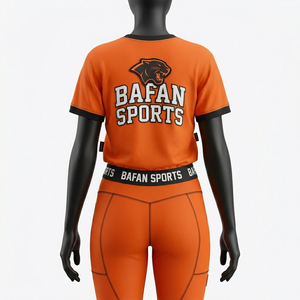 Ensemble t-shirt et leggings pour femme, 260 GSM, orange, panneaux contrastés, logo thermocollé, vêtements de sport personnalisés, ensembles pour femmes - Product Image 3