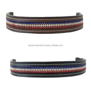 Banda de cuero con bordes blancos y acolchados, cadena de cristales multicolor incrustados, hecha a mano, negro o marrón - Product Image 5