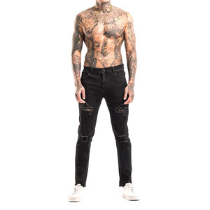 กางเกงยีนส์ขาตรงสำหรับผู้ชายกางเกงยีนส์ขาดทรงเข้ารูปแบบทำมือล่าสุด - Product Image 2