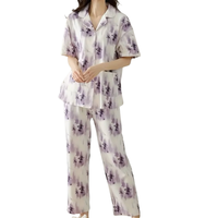 Piyama Wanita Elegan Bahan Bambu Bernapas Cepat Kering Model Patchwork Rajutan Lembut Logo Depan Dua Potong Pakaian Tidur Kerah Elastis Pinggang Elastis
