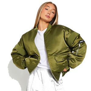 Blouson bomber en satin vert olive pour femme, col montant, fermeture éclair, manches longues, coupe-vent d'automne avec patch New York - Product Image 2