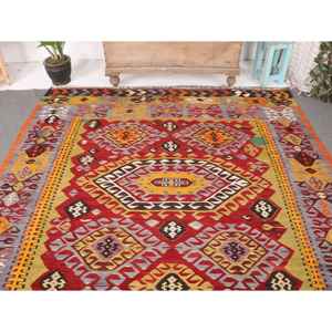 Tapis vintage, tapis turc surdimensionné 6,6x11,1 pieds, tapis en laine rouge Ikat - Product Image 3