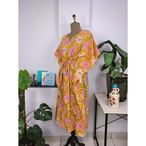 Robe <b>Kaftan</b> Boho Style Imprim Jardin Botanique Indien La Main Sun Shine Tissu En Coton Lger Respirant for Summer Cover Ups - Product Image 6
