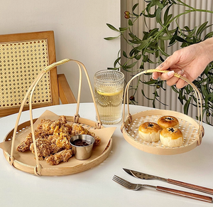 Plateau de service en bambou tissé à la main avec poignée Panier rond en rotin pour pain, fruits, collations, affichage de nourriture décorative du Vietnam - Product Image 3