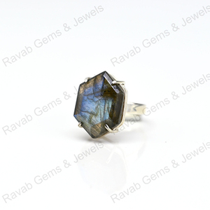 Superbe qualité, bague de mariage vintage en argent sterling 925 plaqué or, faite à la main, pour femmes, labradorite naturelle chatoyante, forme hexagonale - Product Image 3