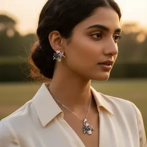 Ensemble de boucles d'oreilles et de pendentif en argent avec fleurs en pierres précieuses fines - Product Image 1