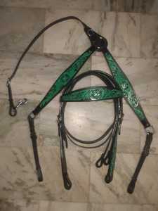 Cuero negro Floral pintado verde caballo occidental brida pecho collar conjunto cuero genuino occidental tachuela conjunto - Product Image 5
