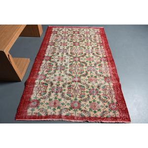 4x6.6 ft Area Vintage Rug, Turkish Rug, <b>Red</b> Green Solid <b>Wool</b> Rug - Product Image 1