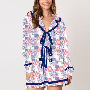 Summer <strong>Patriotic</strong> Fireworks Flag Print Long Sleeve Shirt <strong>Shorts</strong> Pajama Set Women - Product Image 1