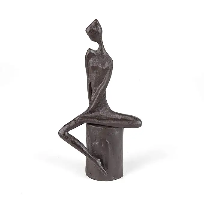 反射鋳鉄彫刻の金属女性 | 現代のメタルアートシェルフの装飾 | 思考の置物-ブラウン