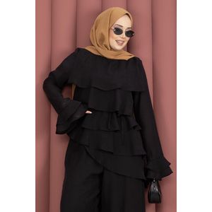 Conjunto de Dos Piezas Negro para Mujer, Túnica de Crepé Floral con Pantalones, Capas con Volantes, Largo Corto, Decoración con Logotipo, Trajes Formales de Verano, Talla XS - Product Image 2