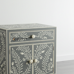 Handcrafted Eco-Friendly Gray Bone Inlay Modern Nightstand Floral Vine Design <b>Bedside</b> Table with Drawer <b>Cabinet</b> for Living Room - Product Image 5