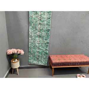 Vintage <b>Runner</b> Rug, 2x5.7 ft Turkish Rug, <b>Green</b> Striped Wool Rug - Product Image 1