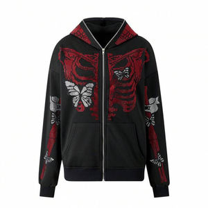 Full Face <b>Red</b> Skeleton Zip <b>Hoodies</b> Oversized Streetwear Gothic Skull Mask Rhinestone Butterfly Design Fleece Bling Custom Logo - Product Image 6