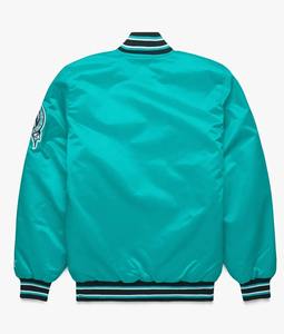 Venta al por mayor Chaqueta de béisbol de satén Chaqueta universitaria brillante con cuello acanalado para hombres y mujeres - Product Image 4