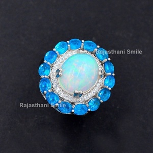 Tự nhiên ethiopian Opal và apatite 925 Sterling bạc hình bầu dục cắt đá quý Halo Cocktail vòng 12x10mm đá kích thước - Product Image 3