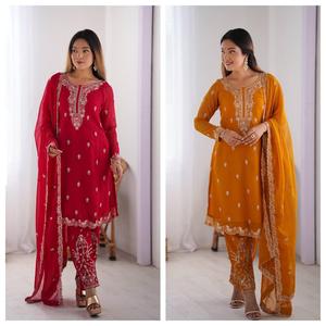 Travail lourd Designer indien classique complet cousu costume Collection fausse georgette fil lourd haut de travail avec pantalon et Dupatta - Product Image 2