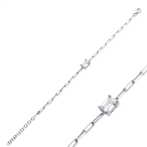 Paperclip Chain Baguette Cut CZ Stone Design Wholesale Turkish Handmade 925 Sterling Silver <b>Charm</b> Bracelet Jewelry - Product Image 5