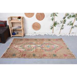 Vintage Turkish Area Rug 3,8x6,4 ft, <b>Brown</b> <b>Wool</b> Rug - Product Image 2