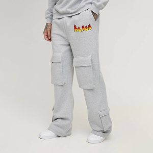 Custom Flared Sweat <b>Men's</b> Pants Heather Grey Color With Multiple pockets Heavyweight 100% Cotton Custom Washed <b>Men</b> Sweatpants - Product Image 4